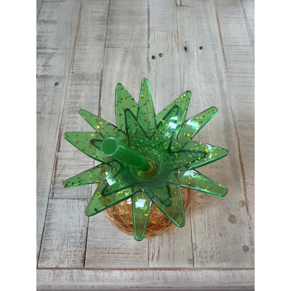 Gold Glitter Pineapple Tumbler Green Leaf Lid and Straw Tropical Cup Luau Tiki